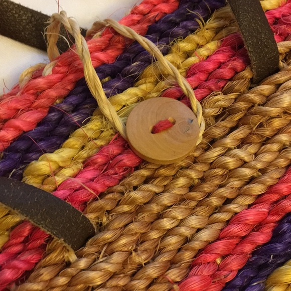 Straw Tote Bag, Pink, Yellow, Purple Stripes, EUC - Picture 2 of 3